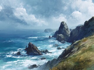 Obraz premium Coastal landscape painting with dramatic clouds and rocks