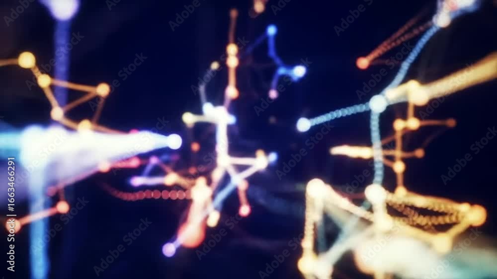 Poster an abstract representation of interconnected nodes and lines, forming a complex network with vibrant