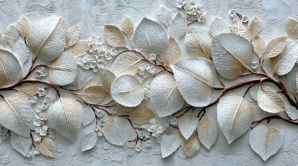 Ornate floral relief, light beige and white leaves on branches