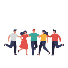 Fototapeta premium A joyful diverse group of five young adults stands together, holding hands, symbolizing strong friendship, teamwork, and community support.