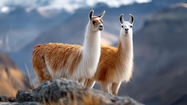Two majestic llamas stand proud on a mountaintop, showcasing their beautiful coats against a backdrop of dramatic, hazy peaks.