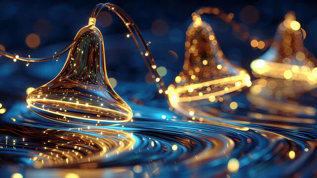 A series of three glass bells are floating on the surface of a body of water. The water is illuminated by a light source, creating a serene and peaceful atmosphere. Concept of tranquility and calmness