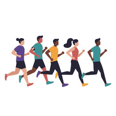 A diverse group of men and women of various ethnicities are actively running together in a dynamic and healthy outdoor exercise illustration.