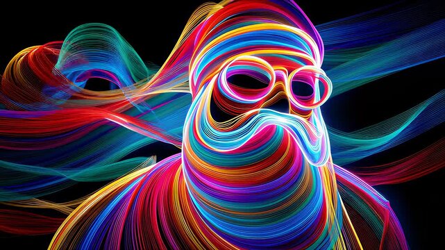 A colorful, abstract painting of a Santa Claus with a beard and glasses. The painting is full of vibrant colors and has a whimsical, playful feel to it