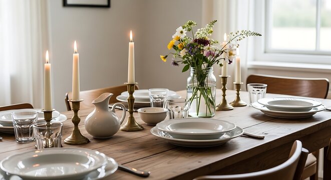 Elegant rustic tablescape with lit candles and a bouquet of wildflowers creating a warm and inviting hygge atmosphere for a dinner party