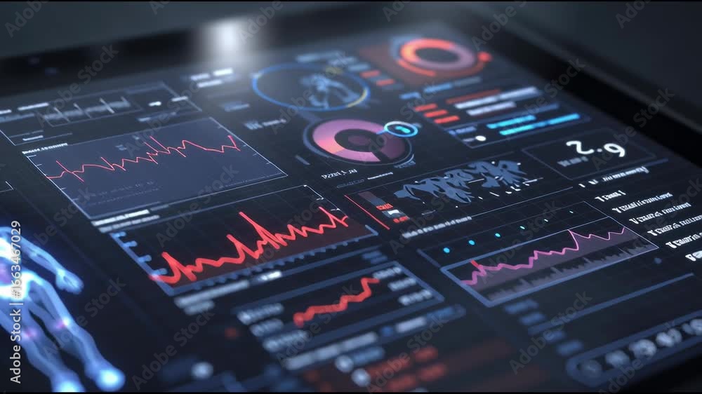 Poster ai-driven predictive analytics displaying vital signs and medical trends, holographic interface