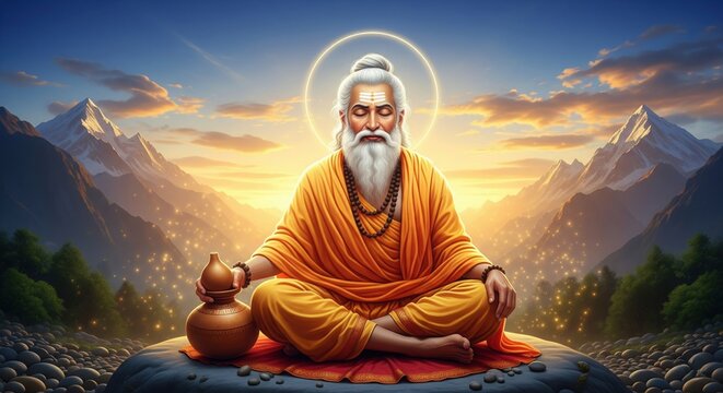 Agastya Rushi in Meditation with Divine Aura and Himalayan Sunrise &ndash; Ultra Realistic Spiritual Artwork