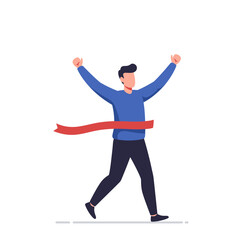 This vibrant illustration depicts a triumphant individual with arms raised, breaking a red finish line, embodying success, goal achievement, and overcoming challenges.