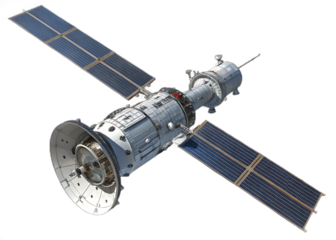 Detailed Rendering of a Space Station with Solar Panels Against a Black Background for Scientific and Technological Visualizations
