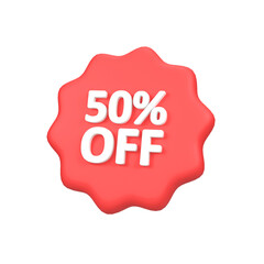 Red 50% off starburst discount label isolated 3d render icon illustration