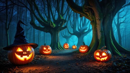 A Spooky Halloween Forest Scene with Illuminated Jack-o'-Lanterns, Twisted Trees, and a Mystical Atmosphere Perfect for Celebrating the Season