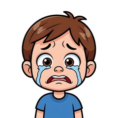 Obraz premium A cartoon boy with brown hair, wearing a blue shirt, crying with tears streaming down his face and eyes, against a white background.