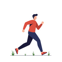 Obraz premium A clean flat illustration depicts an energetic young man in a red shirt and blue pants, running outdoors, symbolizing health, fitness, and an active lifestyle.