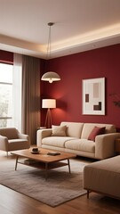 Elegant living room interior with cream sofa and dark red accent wall