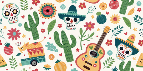 seamless pattern with Mexican culture celebrating icons 