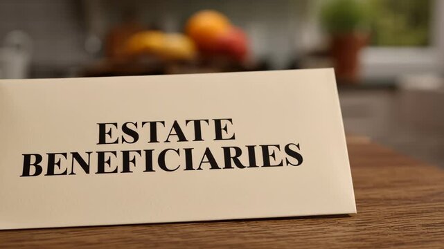 A sign labeled 'Estate Beneficiaries' on a wooden table with a blurred background.