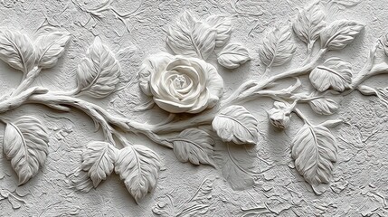Ornate white rose relief on textured wall