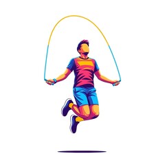Fototapeta premium A man in a colorful shirt is jumping rope on a white background.