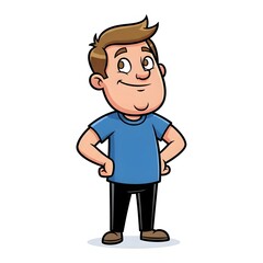 Obraz premium A cartoon illustration of a young man with short brown hair, wearing a blue t-shirt and black pants, standing with his hands on his hips in a confident pose against a white background.
