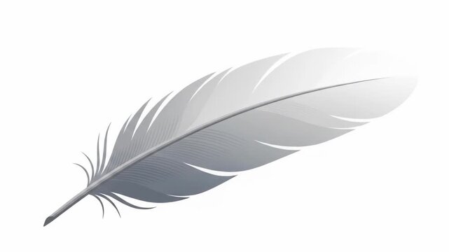 A single, elegantly rendered, gray feather on a white backdrop. It appears to float, showcasing a light source. Details are precise