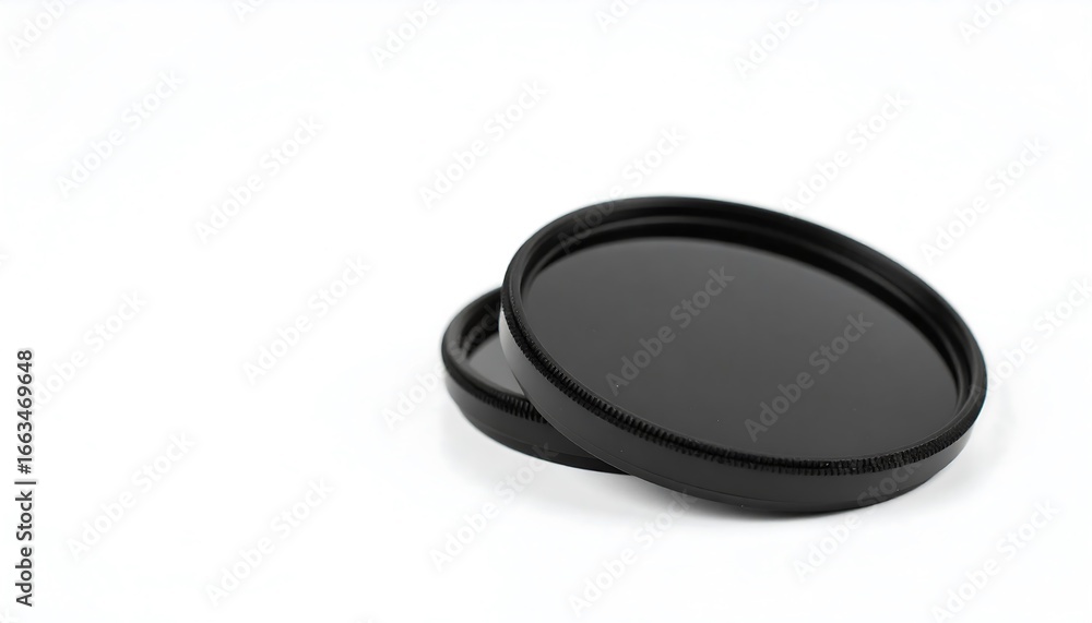 Poster two black camera lens filters lie atop one another on a plain white surface.