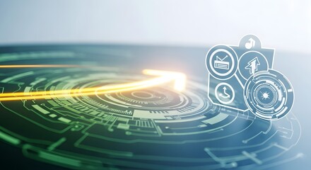 A futuristic interface with a green and blue circular pattern, a white arrow, and various icons representing different devices and services.