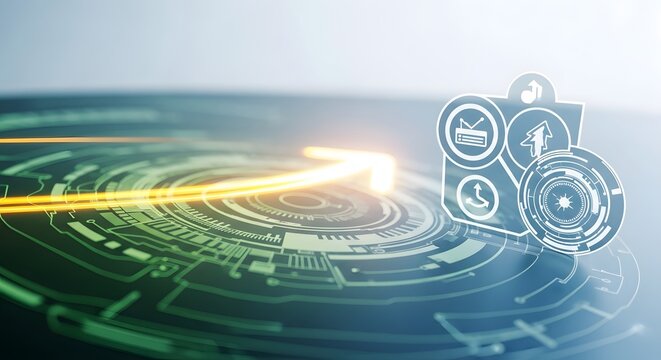 A futuristic interface with a green and blue circular pattern, a white arrow, and various icons representing different devices and services.