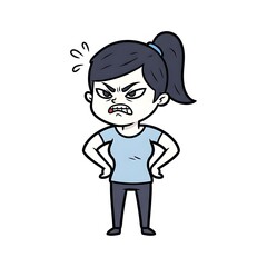 A cartoon illustration of a woman with a ponytail, wearing a blue shirt and black pants, standing with her hands on her hips. She appears to be angry or upset.