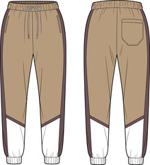 CAD drawing flat vector illustration of jogger pants, diagonal color block design, front back view, casual fashion garment, stylish apparel layout