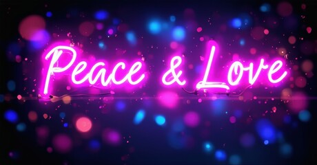 Bright neon sign displays Peace Love against dark purple bokeh background. Vibrant colors create positive energy, simple message.
