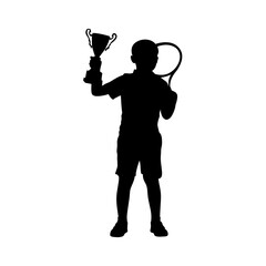 A dynamic silhouette of a young boy, celebrating a tennis victory by holding a trophy aloft.