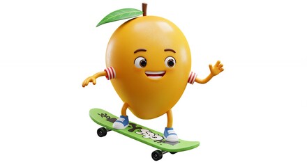 Cartoon mango riding a skateboard