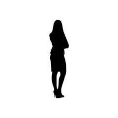 A bold, black silhouette of a woman in business attire, arms crossed, standing confidently against a plain white background.