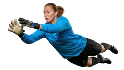Focused female soccer goalie dives to block the ball, showcasing athleticism and determination in sports, ready for any challenge, action shot
