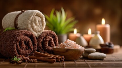 Relaxing Spa Still Life with Candles Towels and Natural Wellness Elements