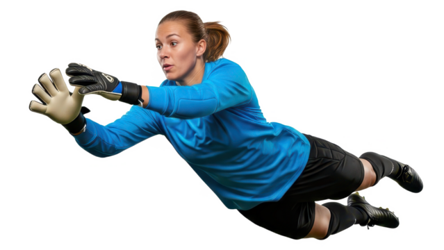 Focused female soccer goalie dives to block the ball, showcasing athleticism and determination in sports, ready for any challenge, action shot
