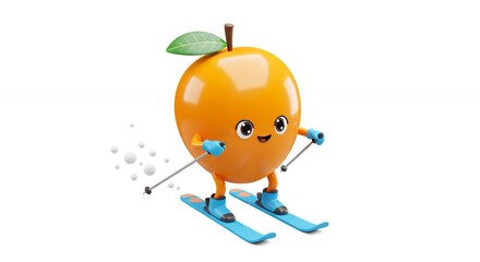 Cute orange fruit character skiing
