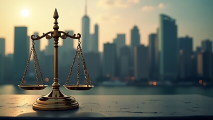 Scales of Justice Against a Cityscape Backdrop Symbolizing Legal Matters and Urban Law and Justice Systems Fairness and Equality