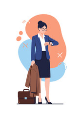 Professional woman checking her watch with briefcase and coat ready for business engagements and important meetings