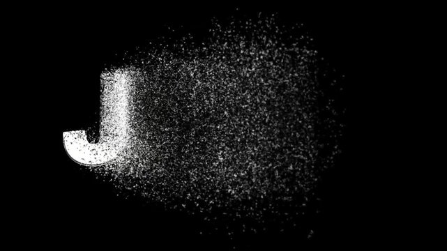 Disappearing English alphabet J into small particles on plain black background