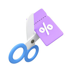 Cut the discount sales label with scissors isolated 3d render icon illustration
