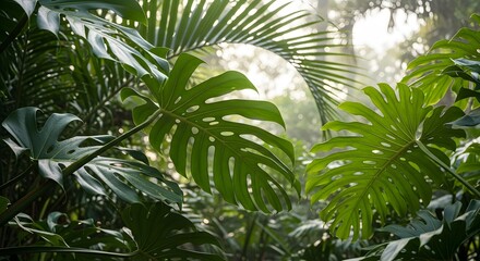 Obraz premium Green and large leaves in a lush tropical forest setting with sunlight filtering through the foliage.