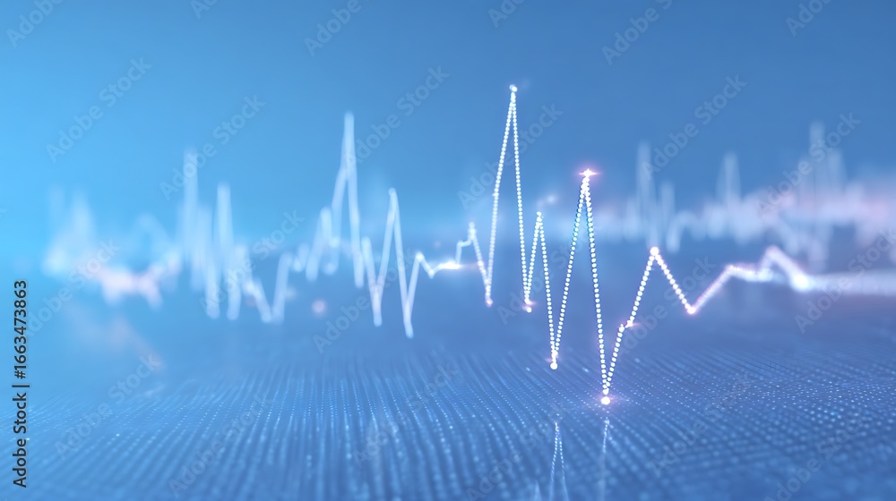 Poster abstract digital sound waveform visualization with glowing particles and futuristic blue backdrop
