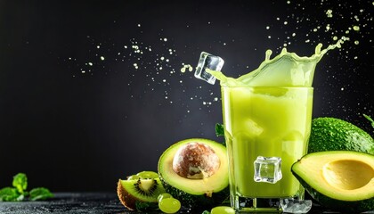 Avocado juice splash with ice cube and slices 