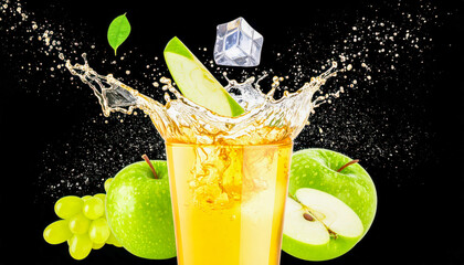 Droplets of green apple juice shoot high into the air. The ice cube is halfway submerged. Some splashes hit the rim and outside of the glass. The motion is dramatic, full of energy