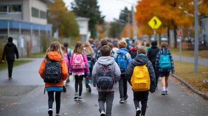 School's Out: A vibrant scene unfolds as a group of students, backpacks in tow, stroll purposefully along the pavement, leaves beginning to change, capturing the essence of autumn.