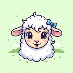 Obraz premium A cute cartoon sheep with a blue bow on its head, standing in a green field with fluffy white wool.