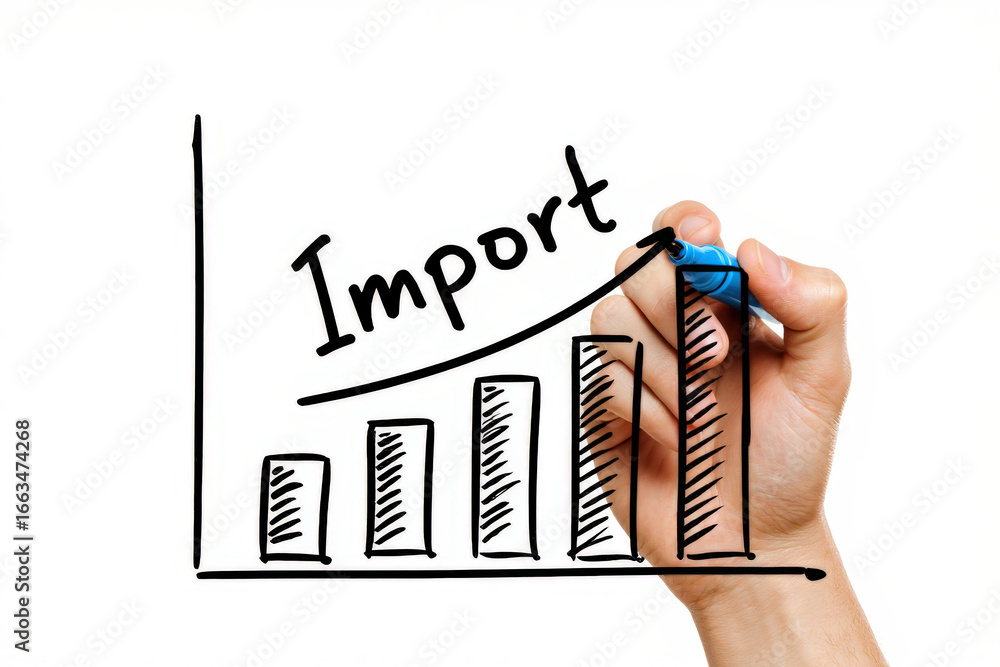 Poster visual representation of import growth a hand drawing a bar graph with an upward trend line illustra