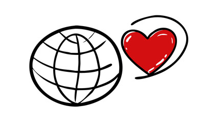 Handdrawn globe with heart, symbolizing global love, connection, and support for international community and humanitarian causes