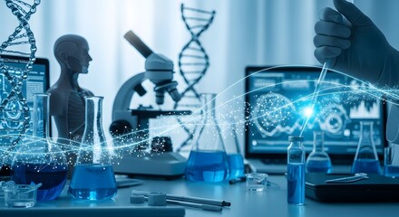 A futuristic laboratory setting with a DNA strand, a microscope, and a computer screen displaying a digital interface.